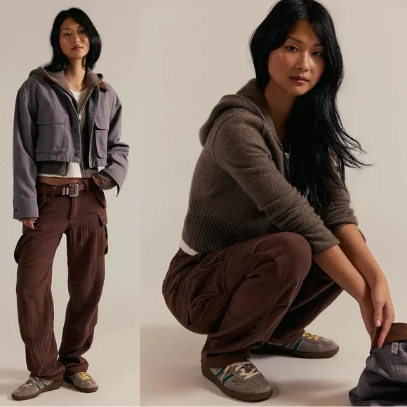 Free People Herringbone Textured Dark Academia Brown Cargo Pants Size 12 NWT - Picture 5 of 17